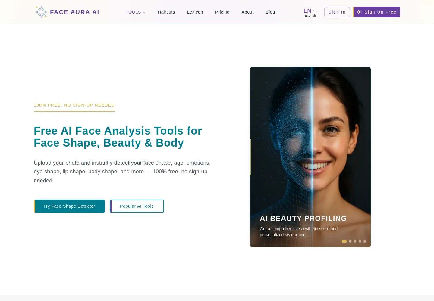 Captured homepage of faceauraai.com in the current scan