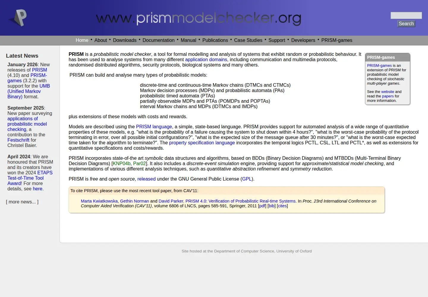 Captured homepage of prismmodelchecker.org in the current scan