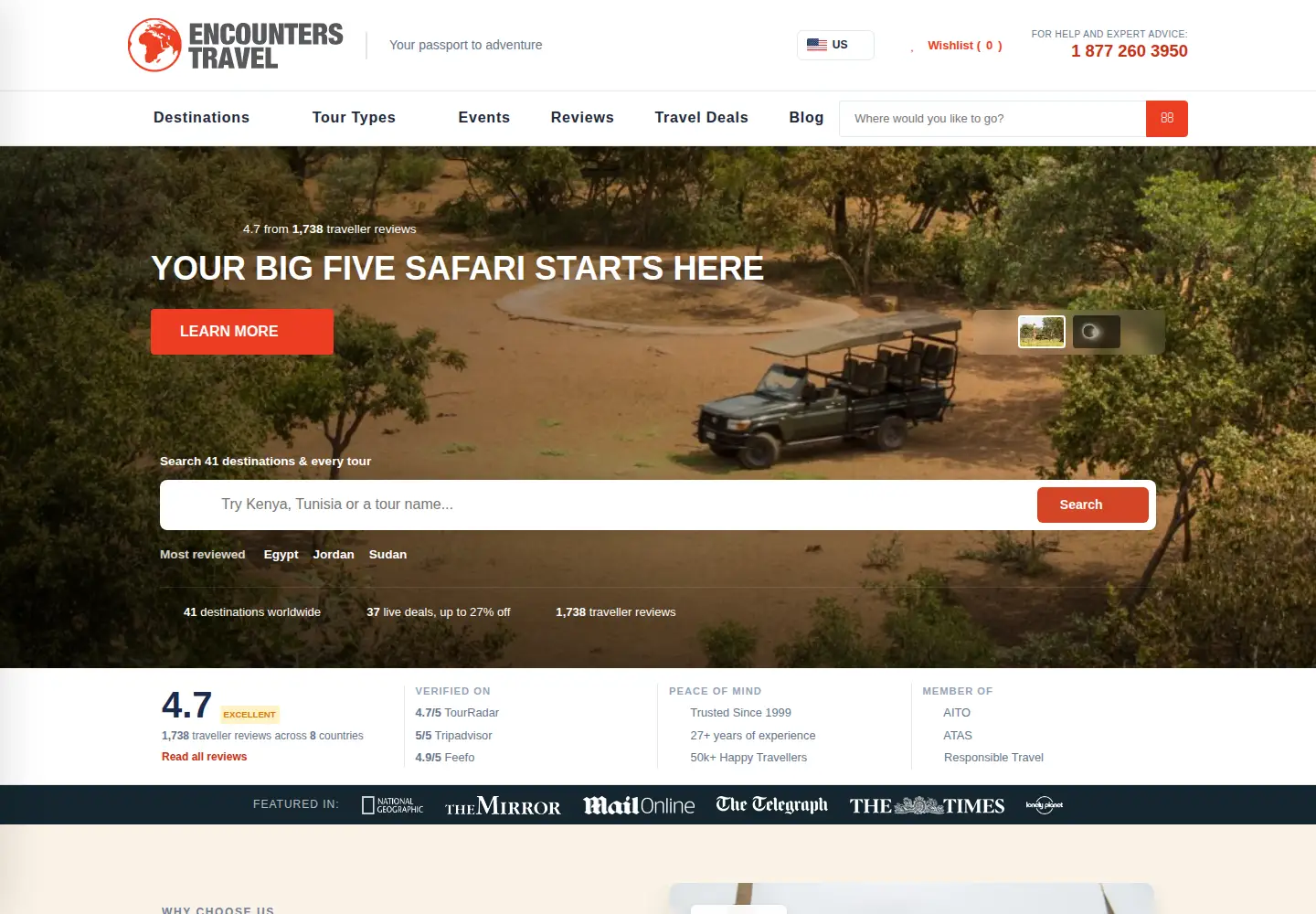 Captured homepage of encounterstravel.com in the current scan