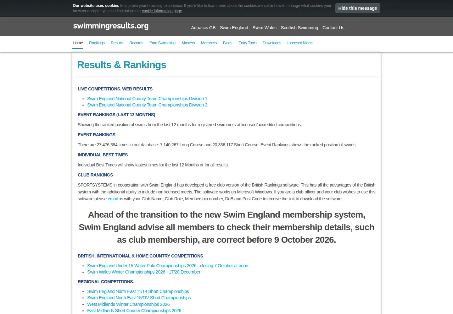 Screenshot of swimmingresults.org