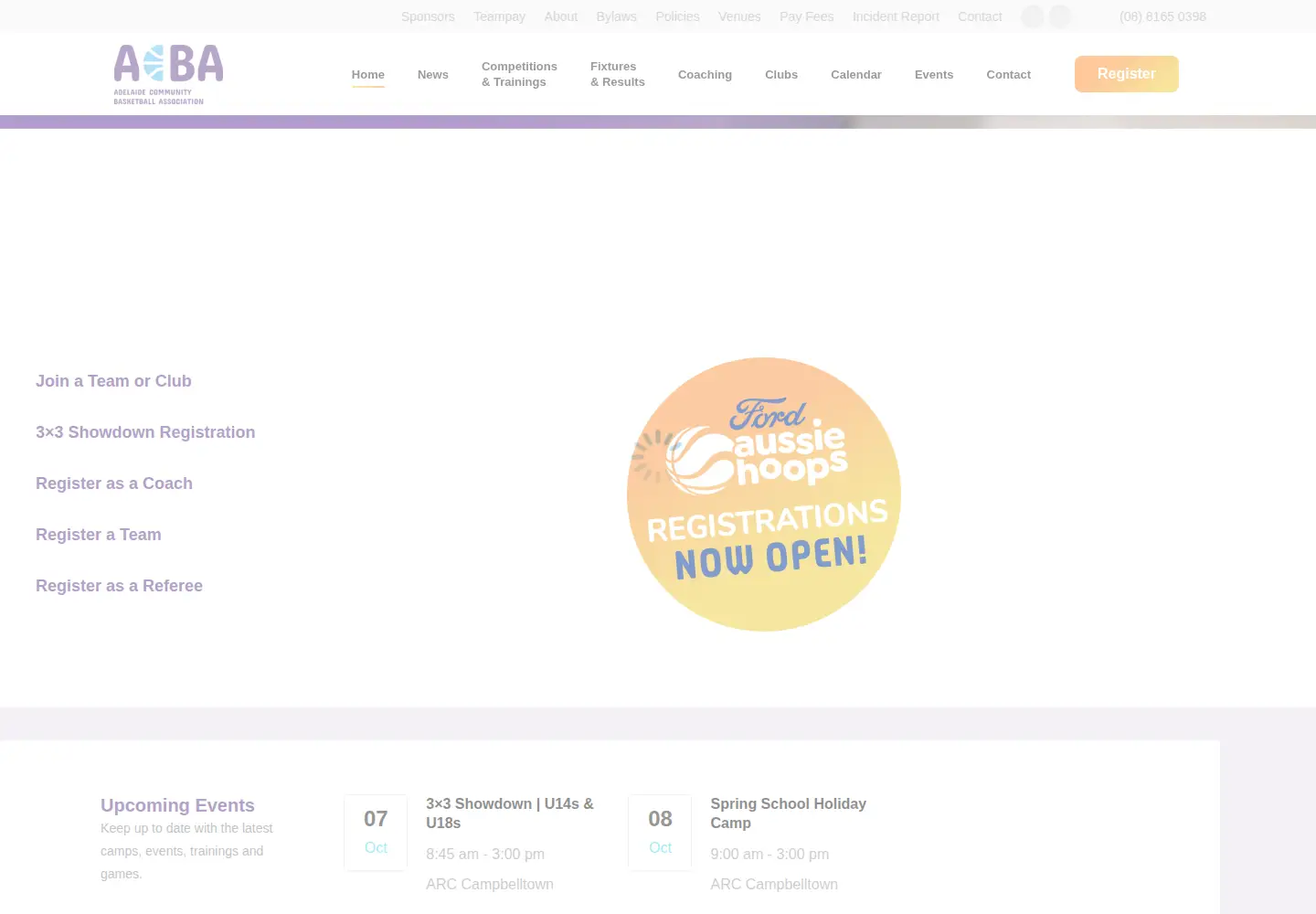 Screenshot of adelaidebasketball.com.au