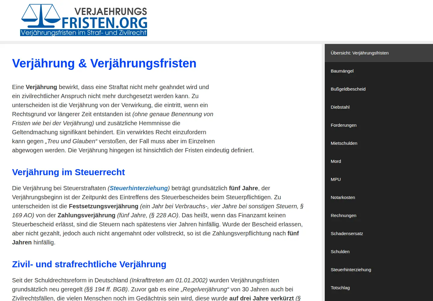 Screenshot of verjaehrungsfristen.org