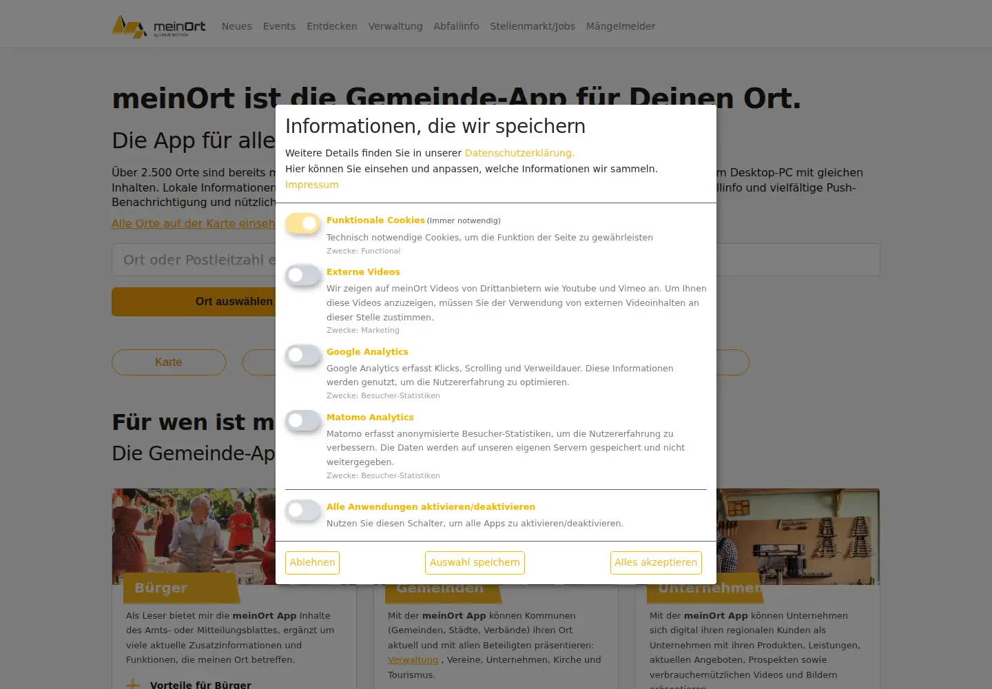 Captured homepage of meinort.app in the current scan