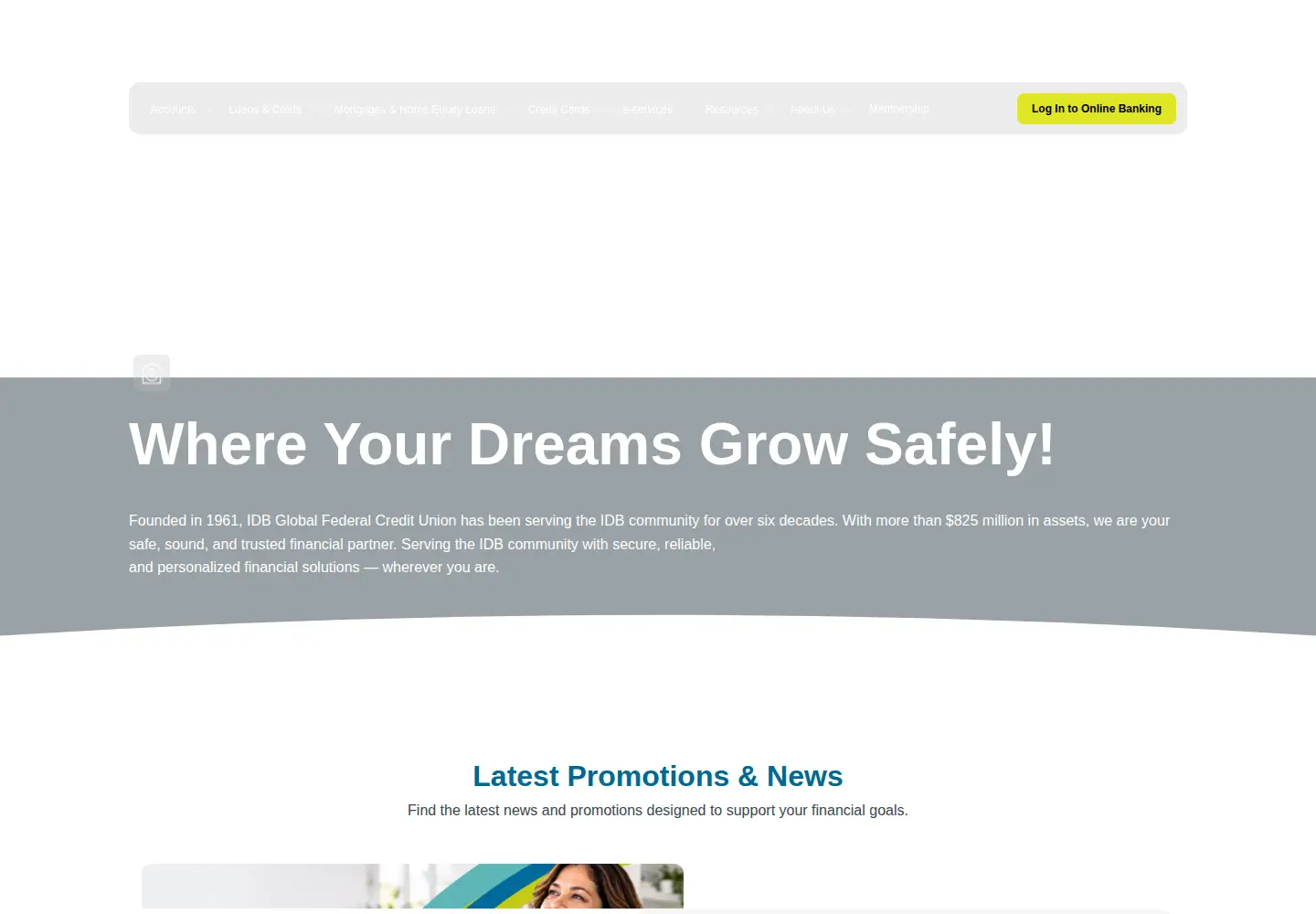 Captured homepage of idbglobalfcu.org in the current scan