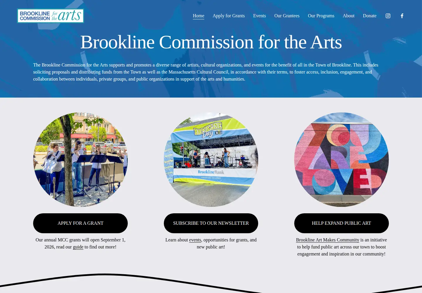 Captured homepage of brooklinearts.org in the current scan