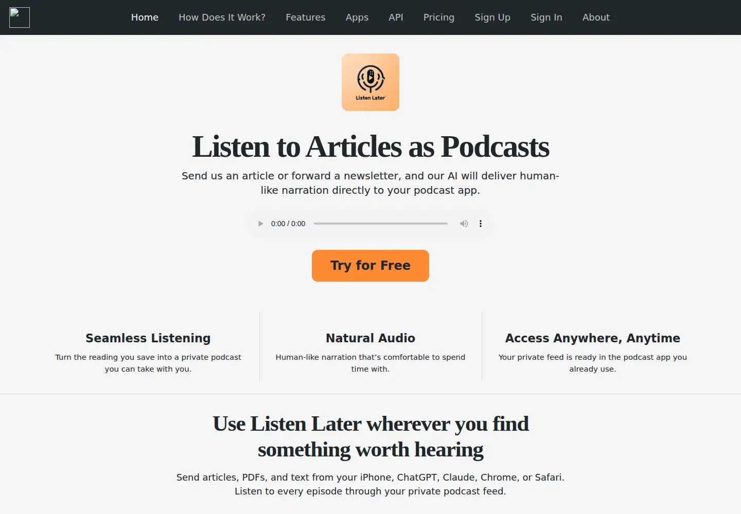 Captured homepage of listenlater.net in the current scan
