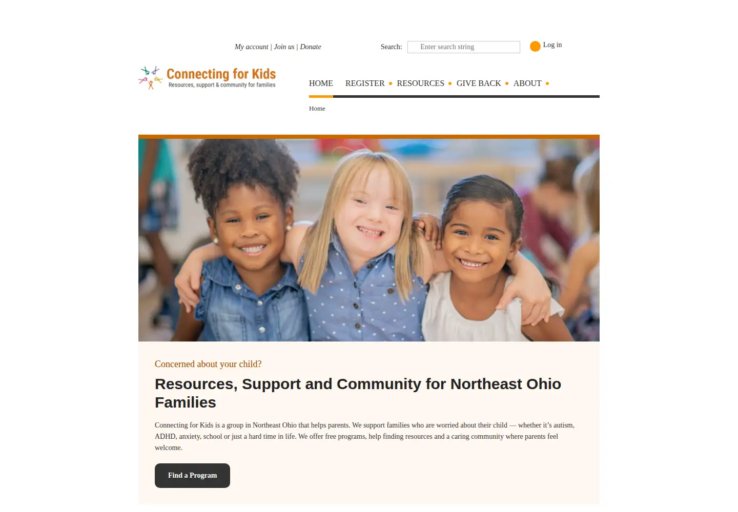Screenshot of connectingforkids.org