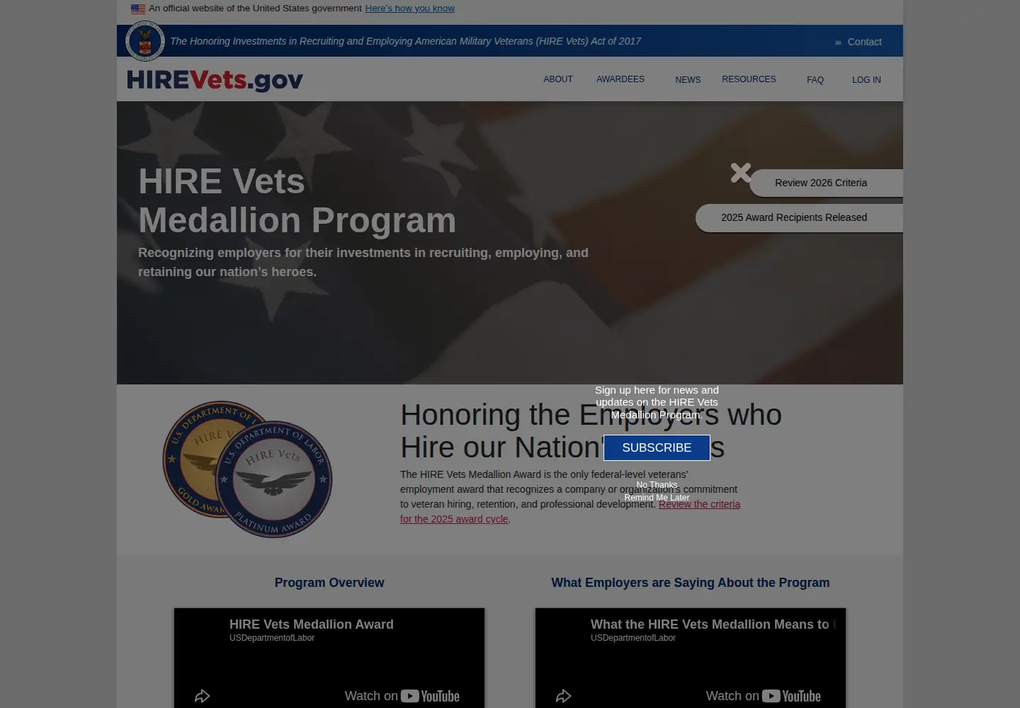 Captured homepage of hirevets.gov in the current scan