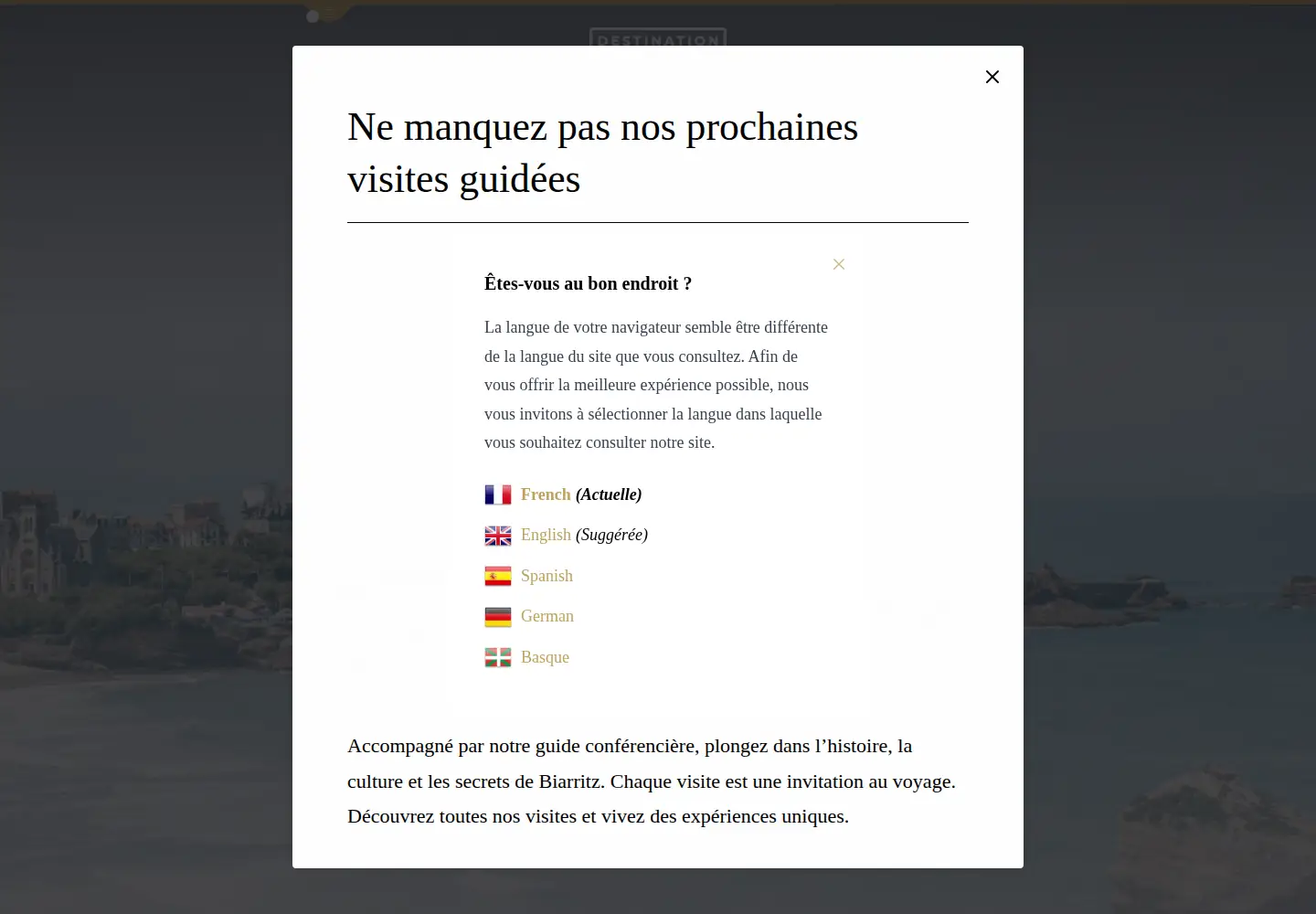 Captured homepage of destination-biarritz.fr in the current scan