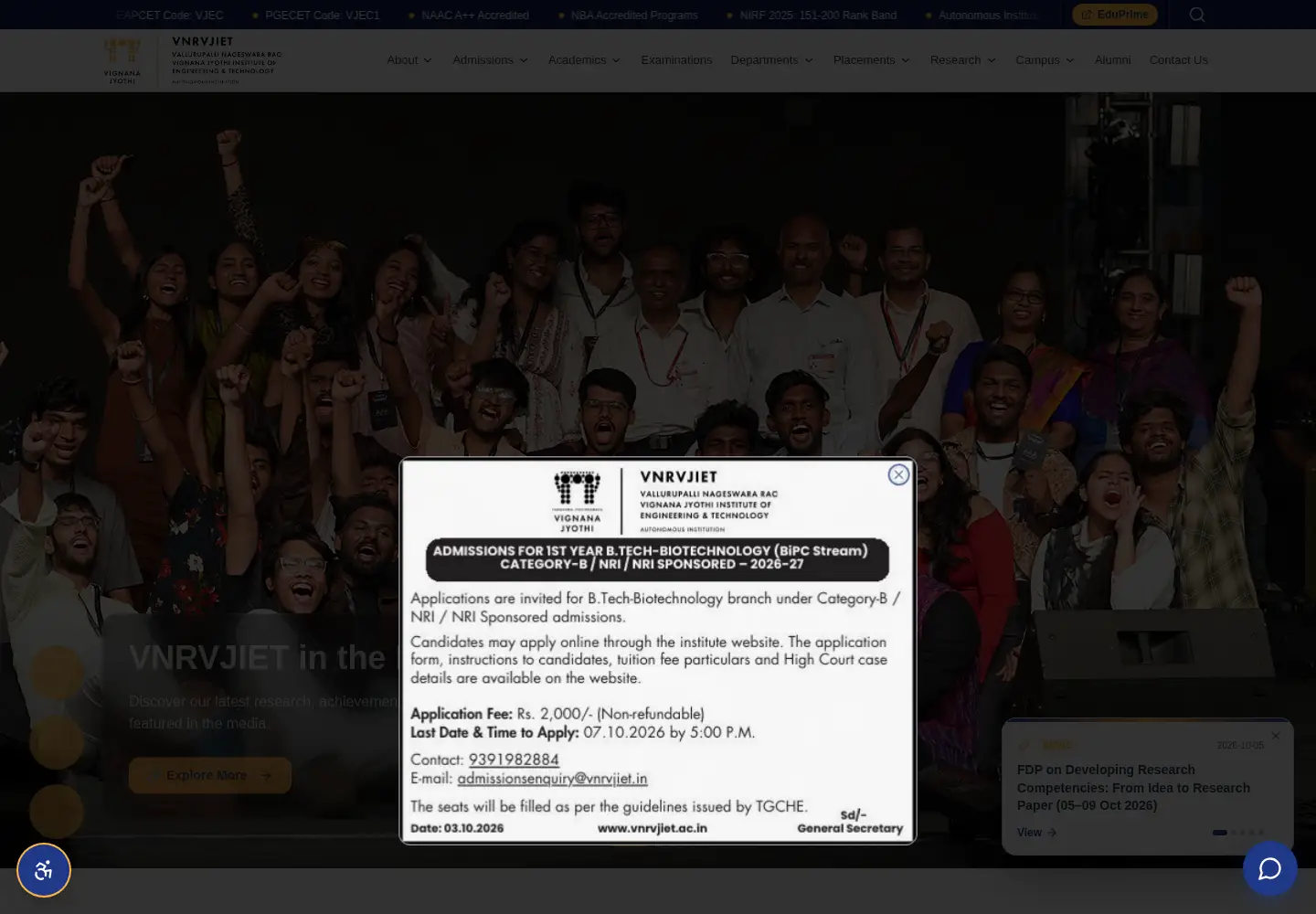 Screenshot of vnrvjiet.ac.in