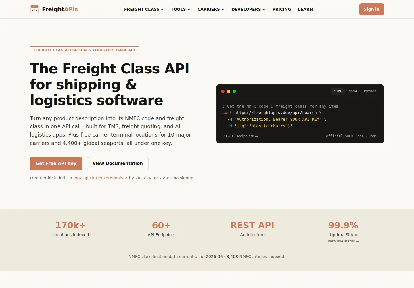 Captured homepage of freightapis.dev in the current scan