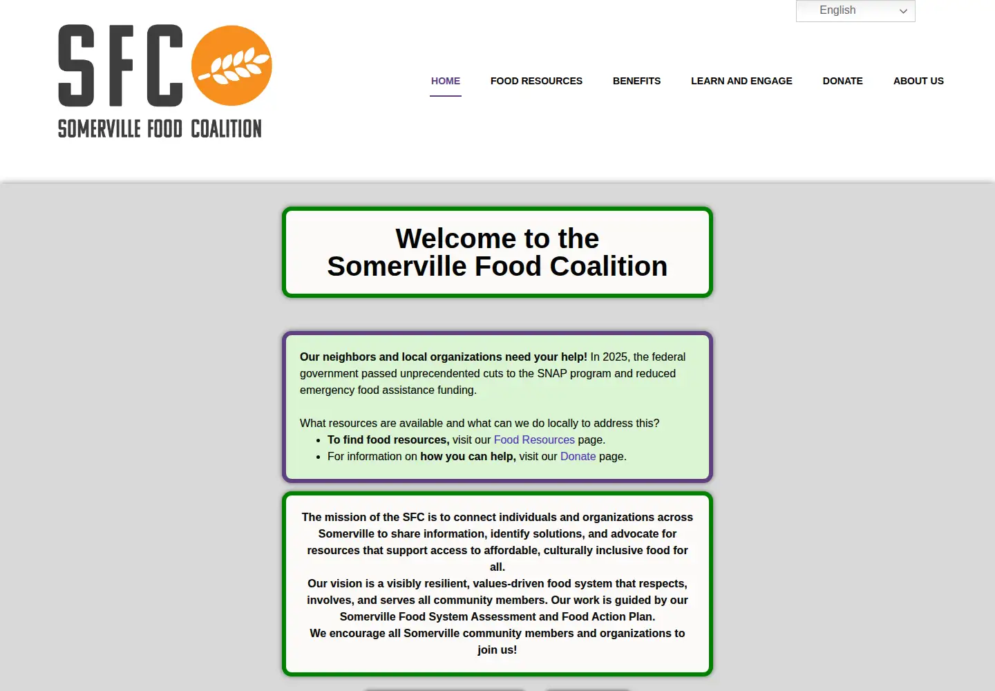 Captured homepage of somervillefoodsecurity.org in the current scan