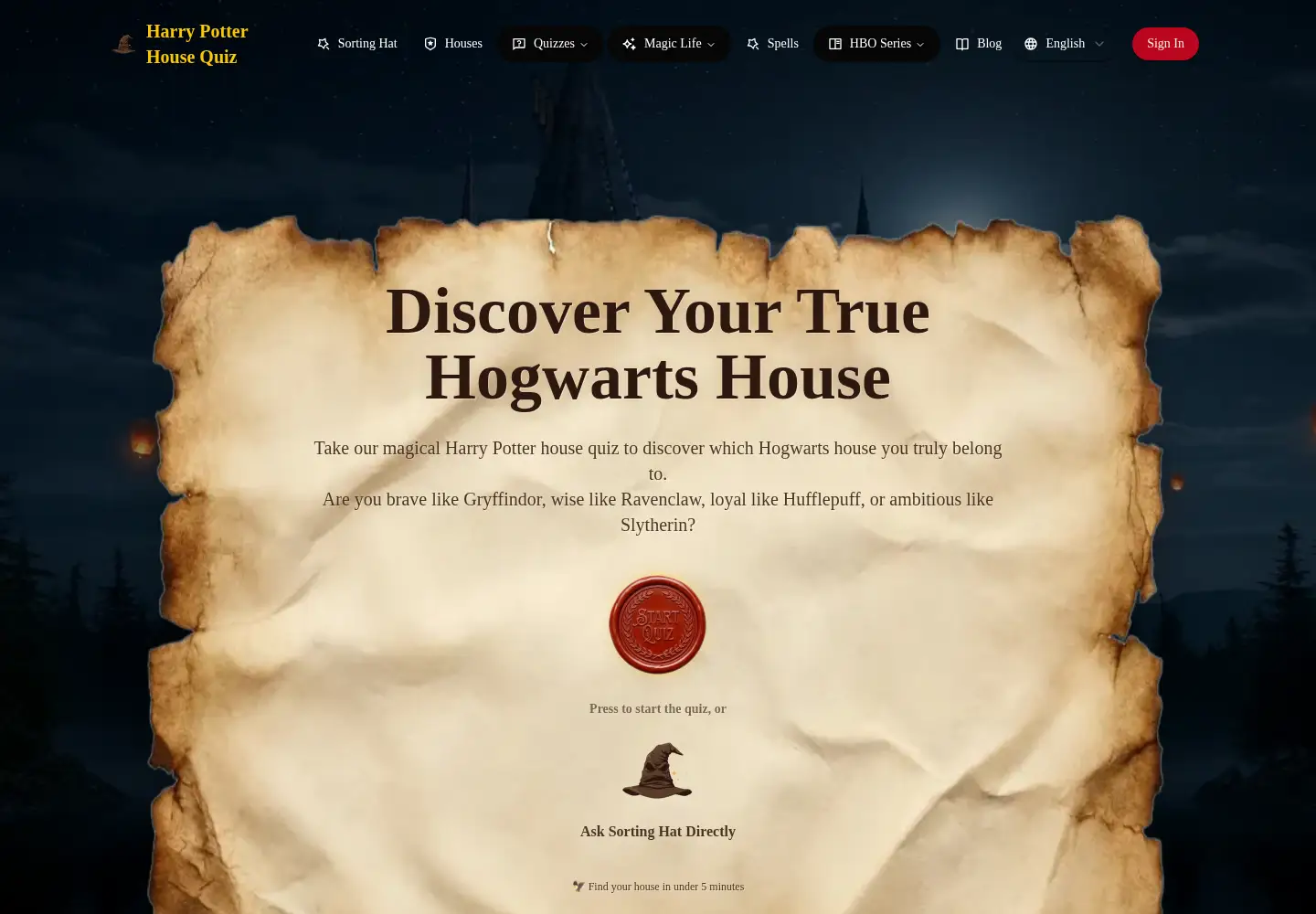 Screenshot of harry-potter-house-quiz.org