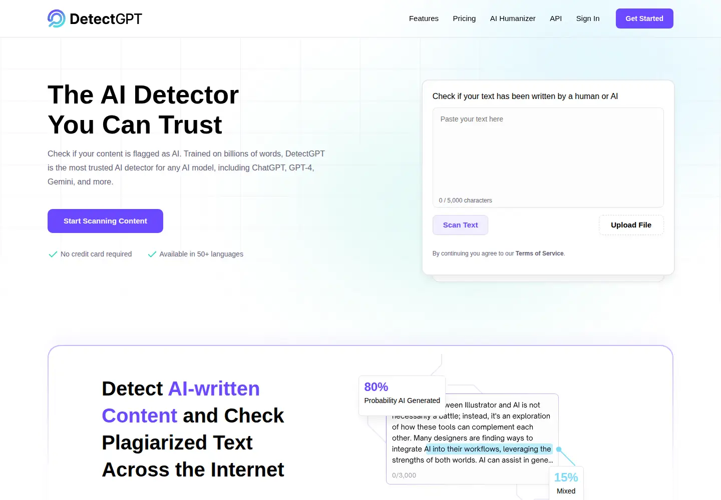 Captured homepage of detectgpt.com in the current scan