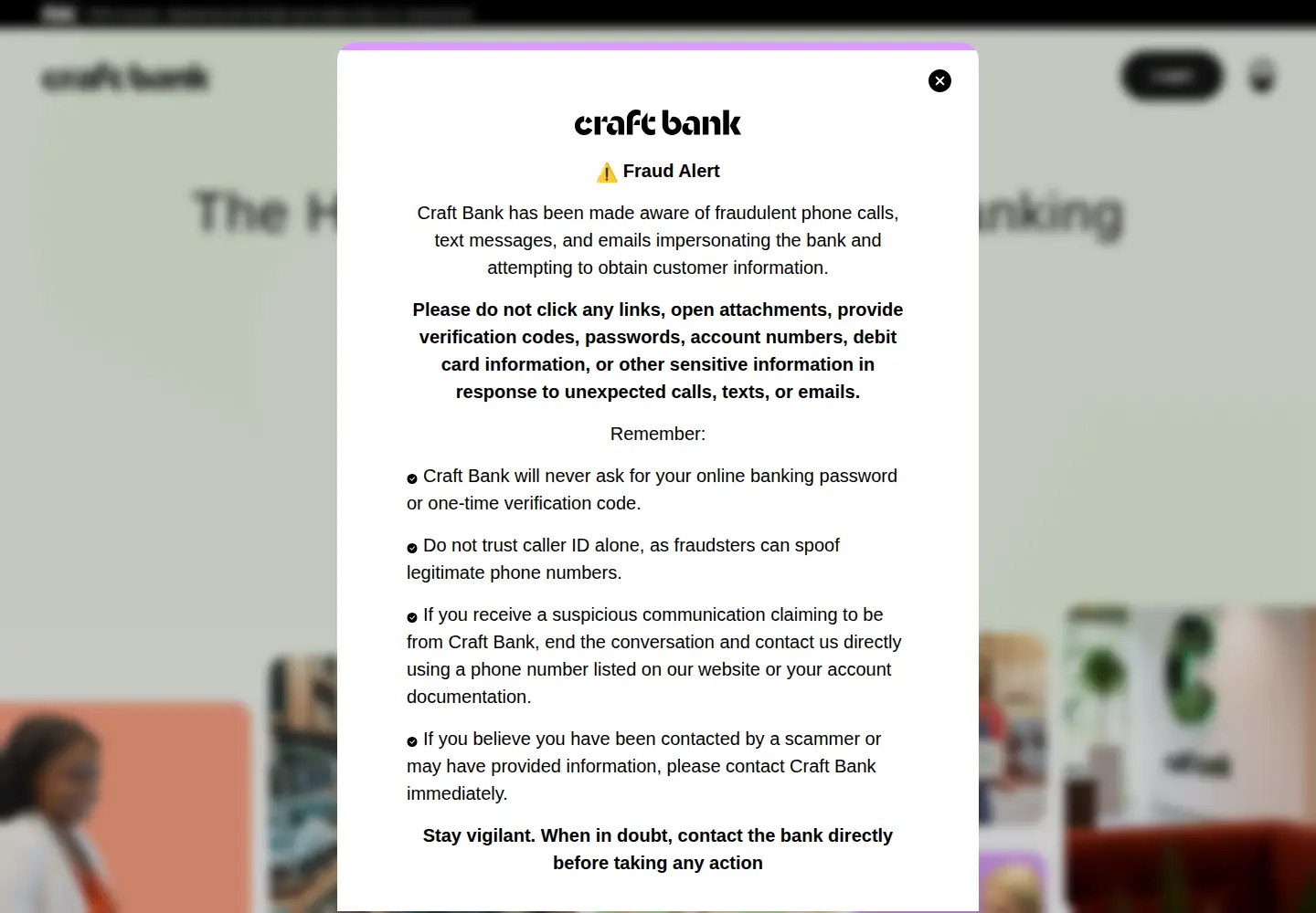 Captured homepage of craft.bank in the current scan