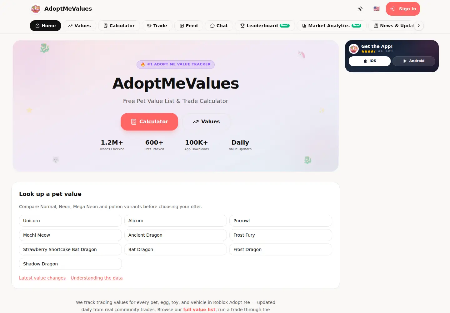 Screenshot of adoptmevalues.app