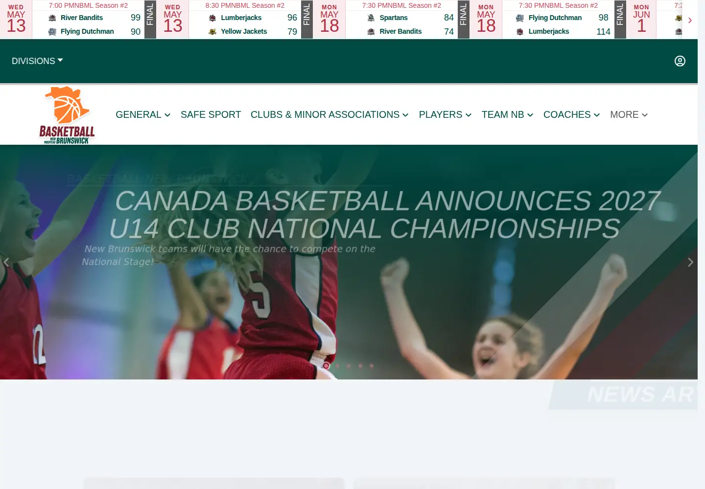 Captured homepage of basketball.nb.ca in the current scan