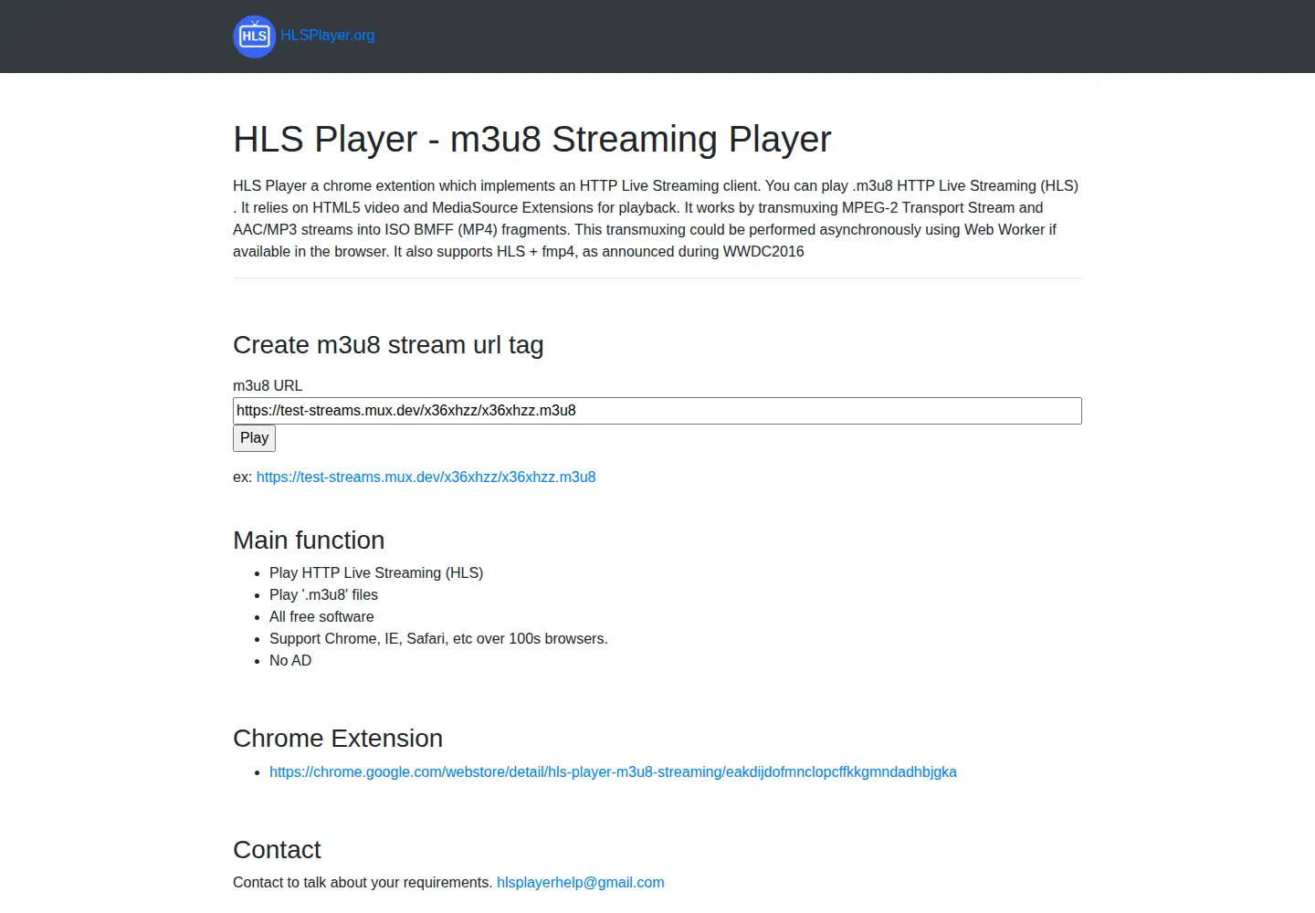 Captured homepage of hlsplayer.org in the current scan