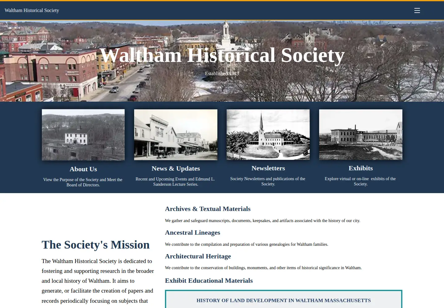 Captured homepage of walthamhistoricalsociety.org in the current scan