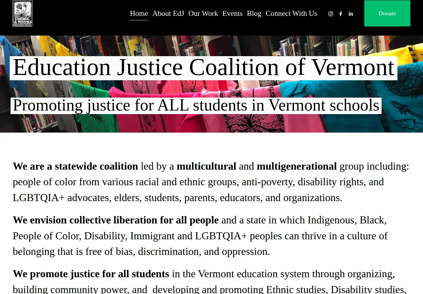 Captured homepage of edjcoalitionvt.org in the current scan
