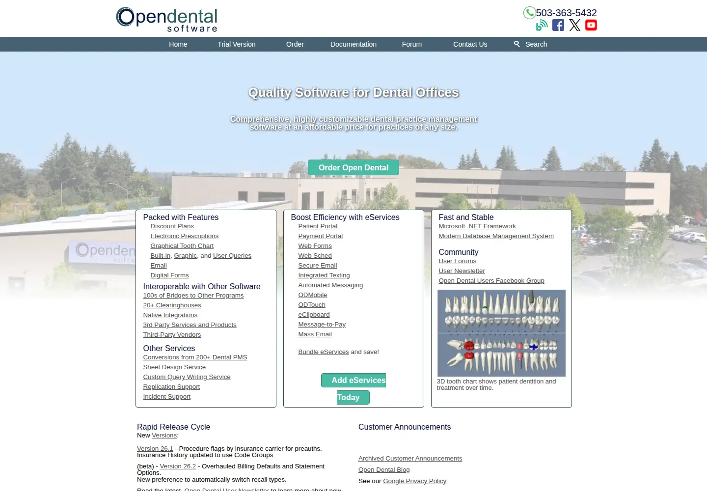 Captured homepage of opendental.com in the current scan