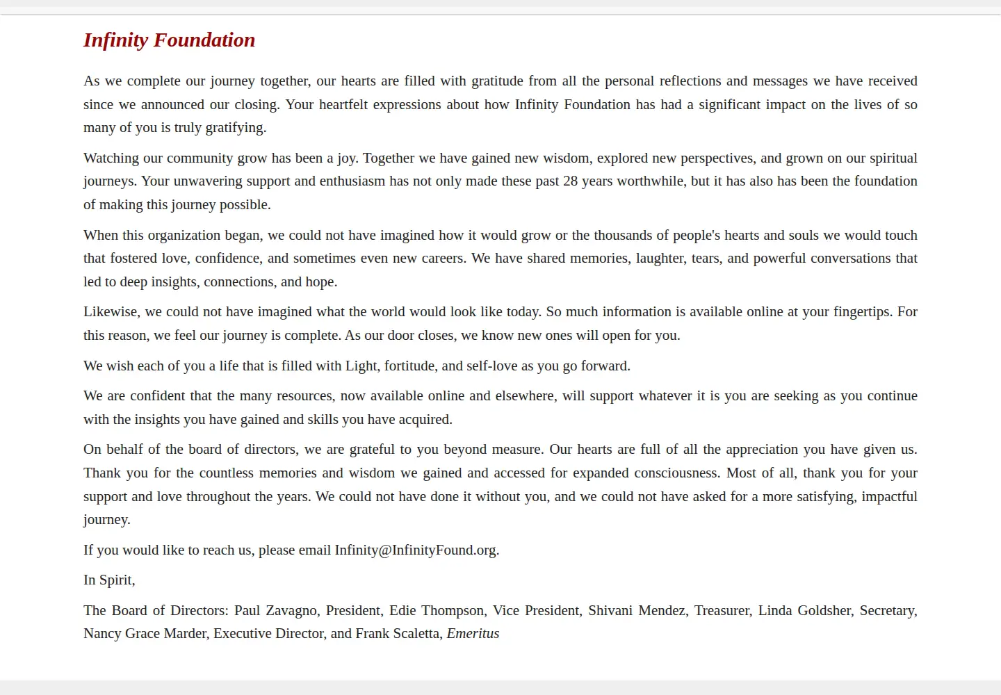 Captured homepage of infinityfoundation.org in the current scan