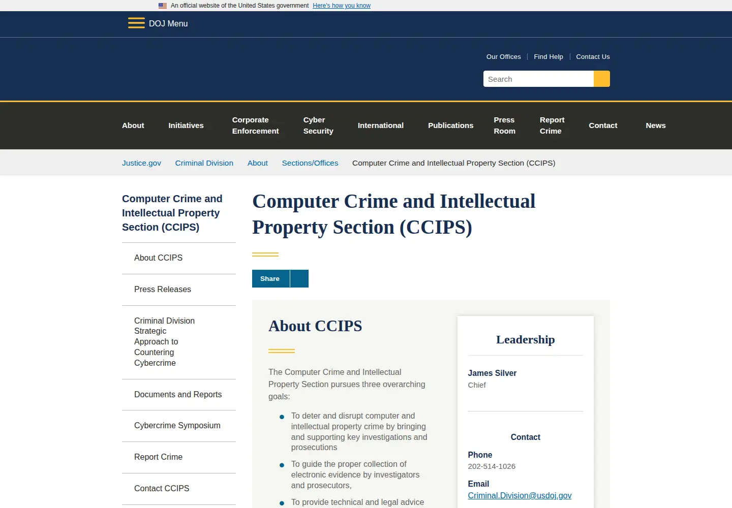 Screenshot of cybercrime.gov