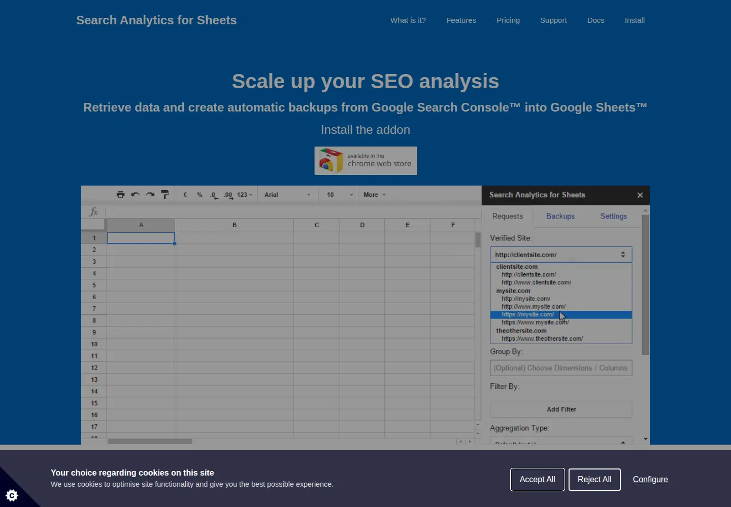 Screenshot of searchanalyticsforsheets.com