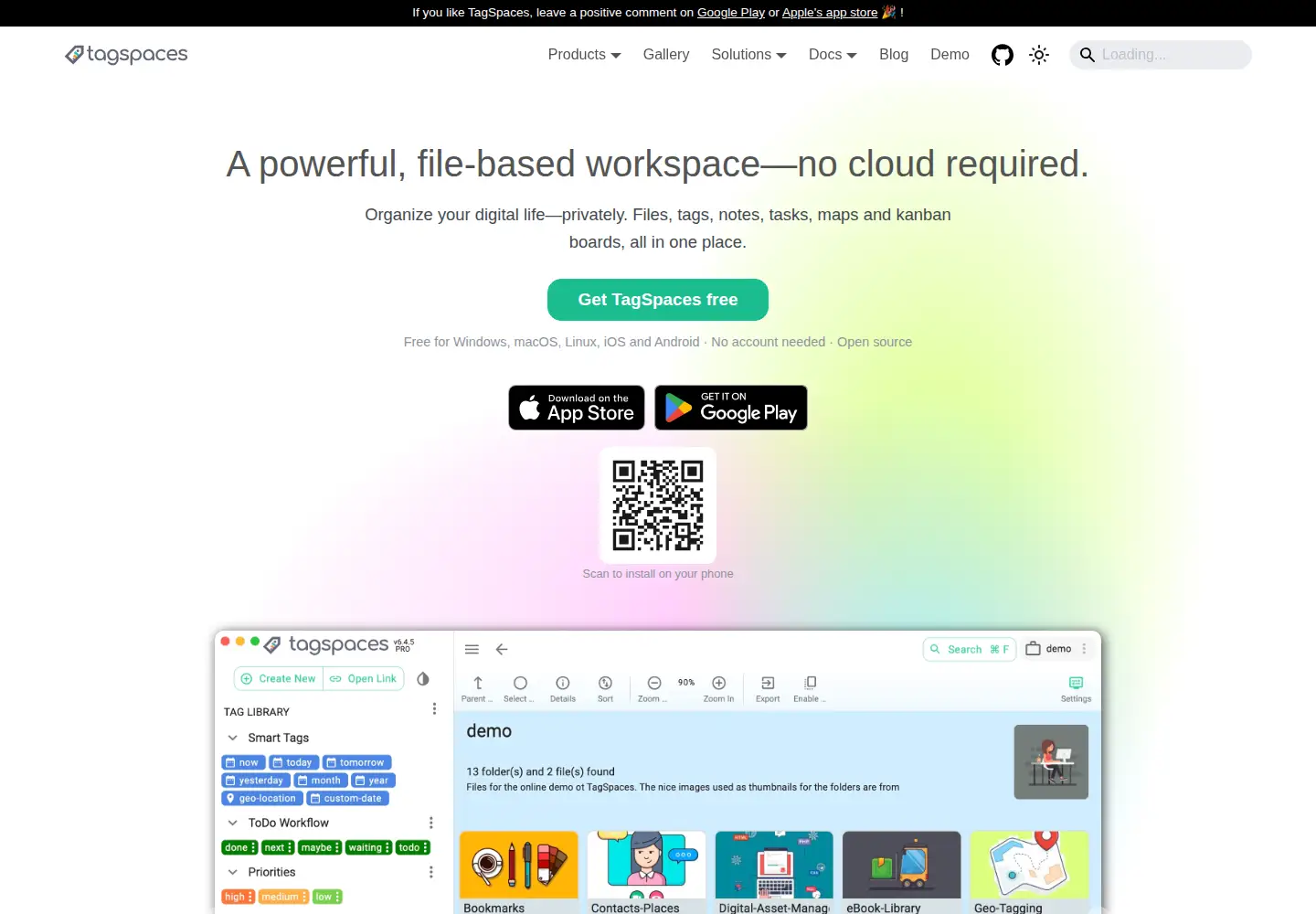 Captured homepage of tagspaces.org in the current scan