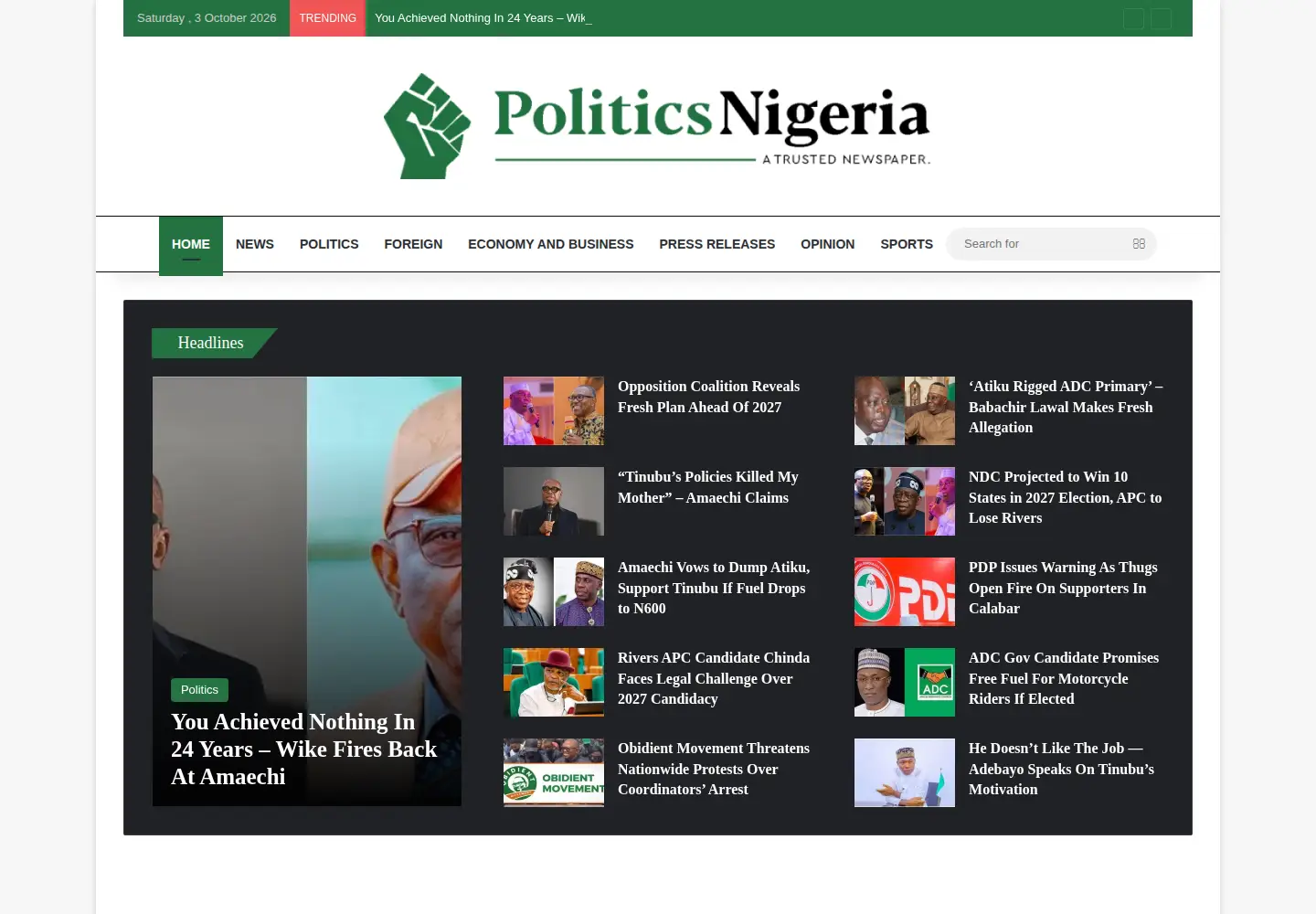 Screenshot of politicsnigeria.com