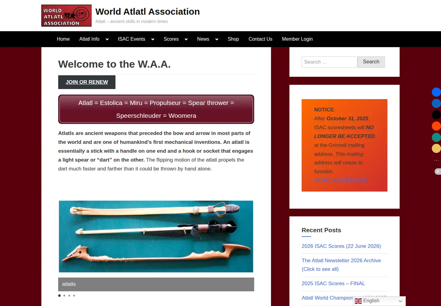 Captured homepage of worldatlatl.org in the current scan