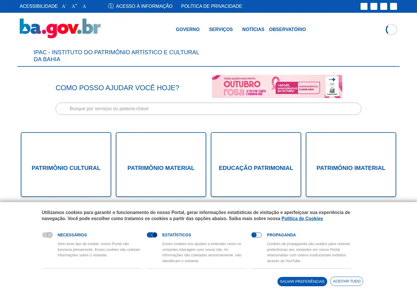 Captured homepage of ipac.ba.gov.br in the current scan