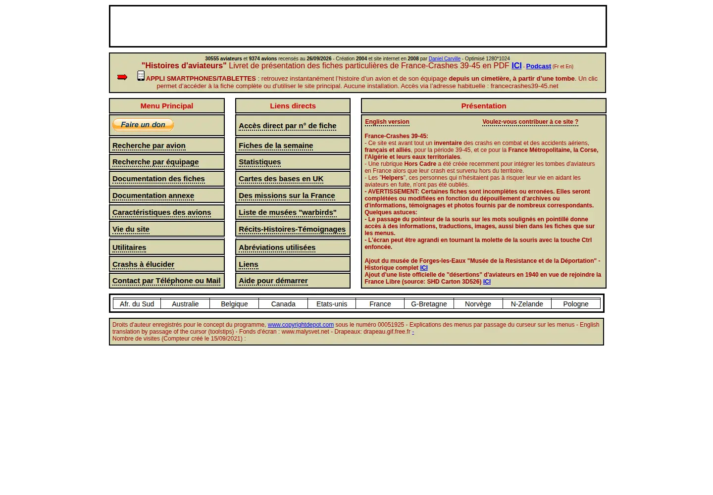 Captured homepage of francecrashes39-45.net in the current scan