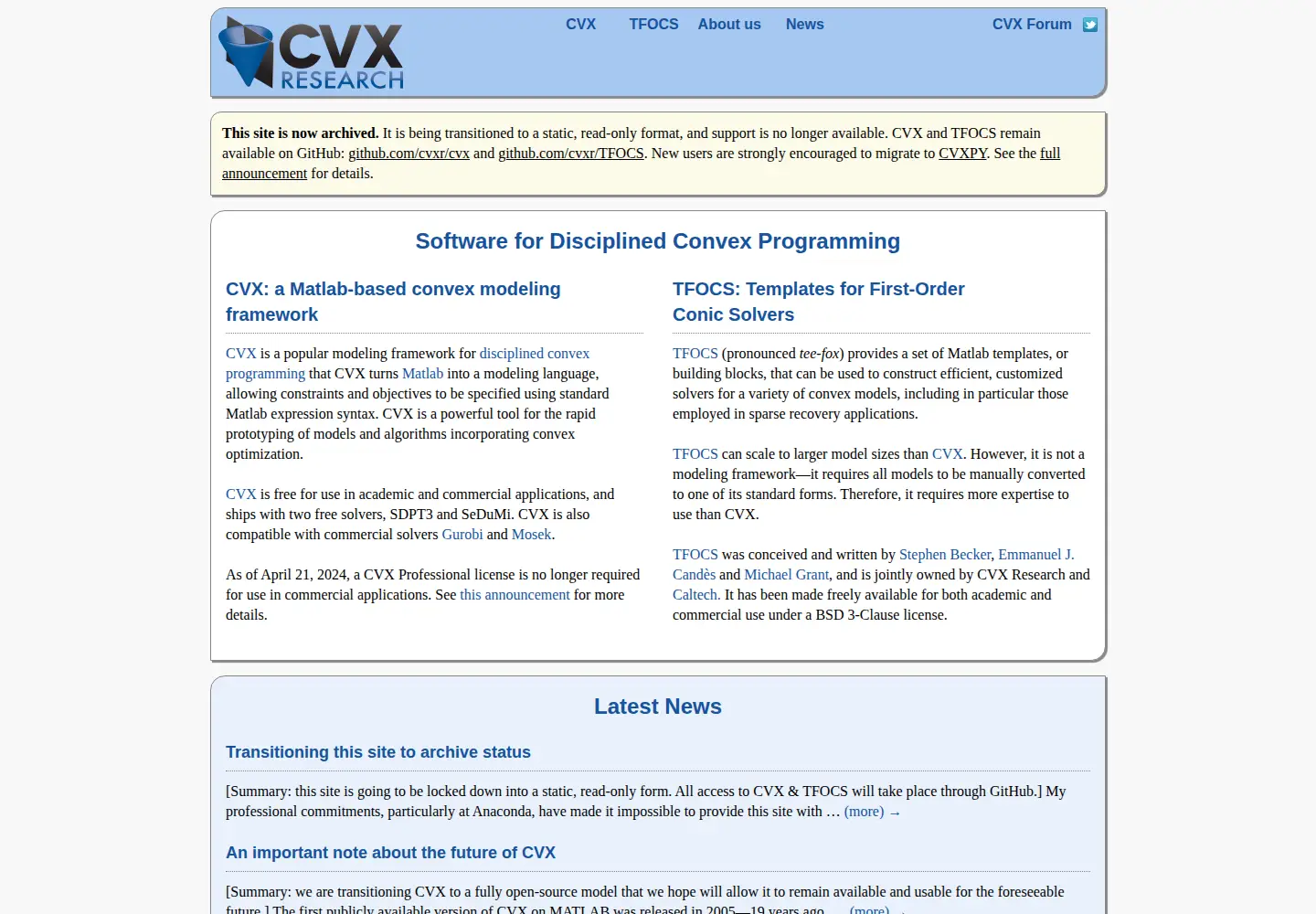 Screenshot of cvxr.com
