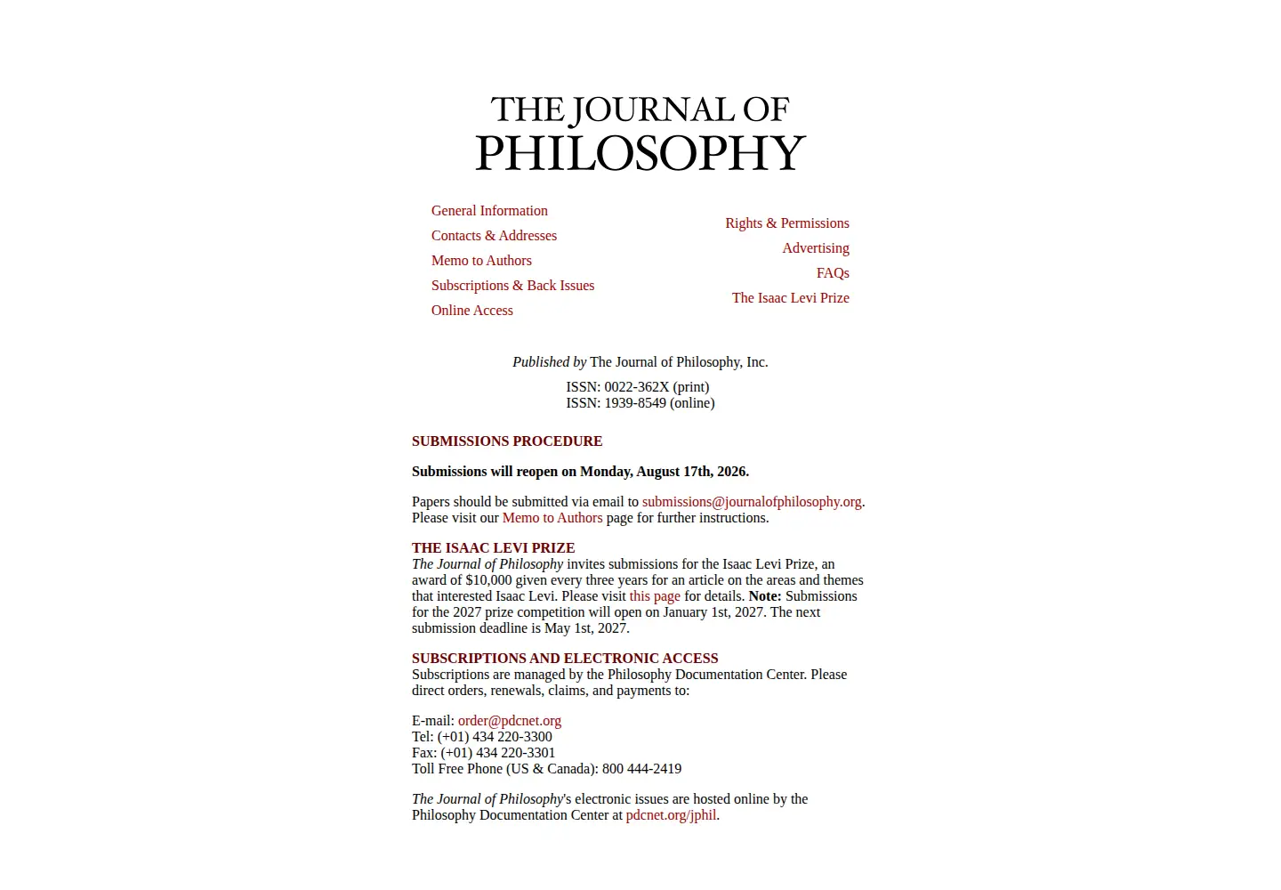 Screenshot of journalofphilosophy.org