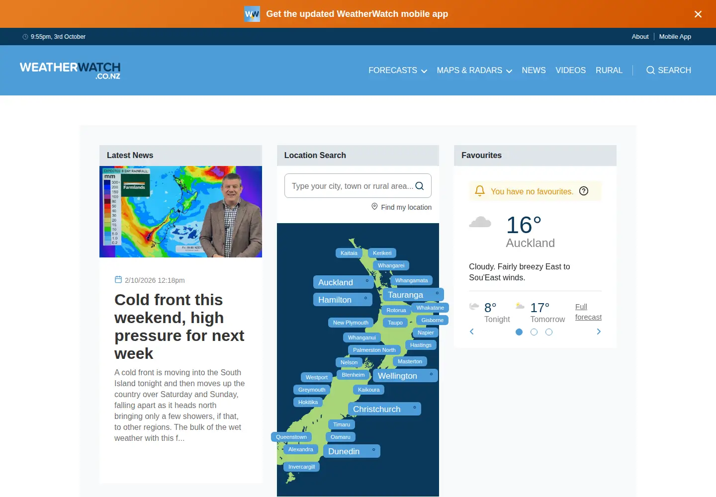 Screenshot of weatherwatch.co.nz