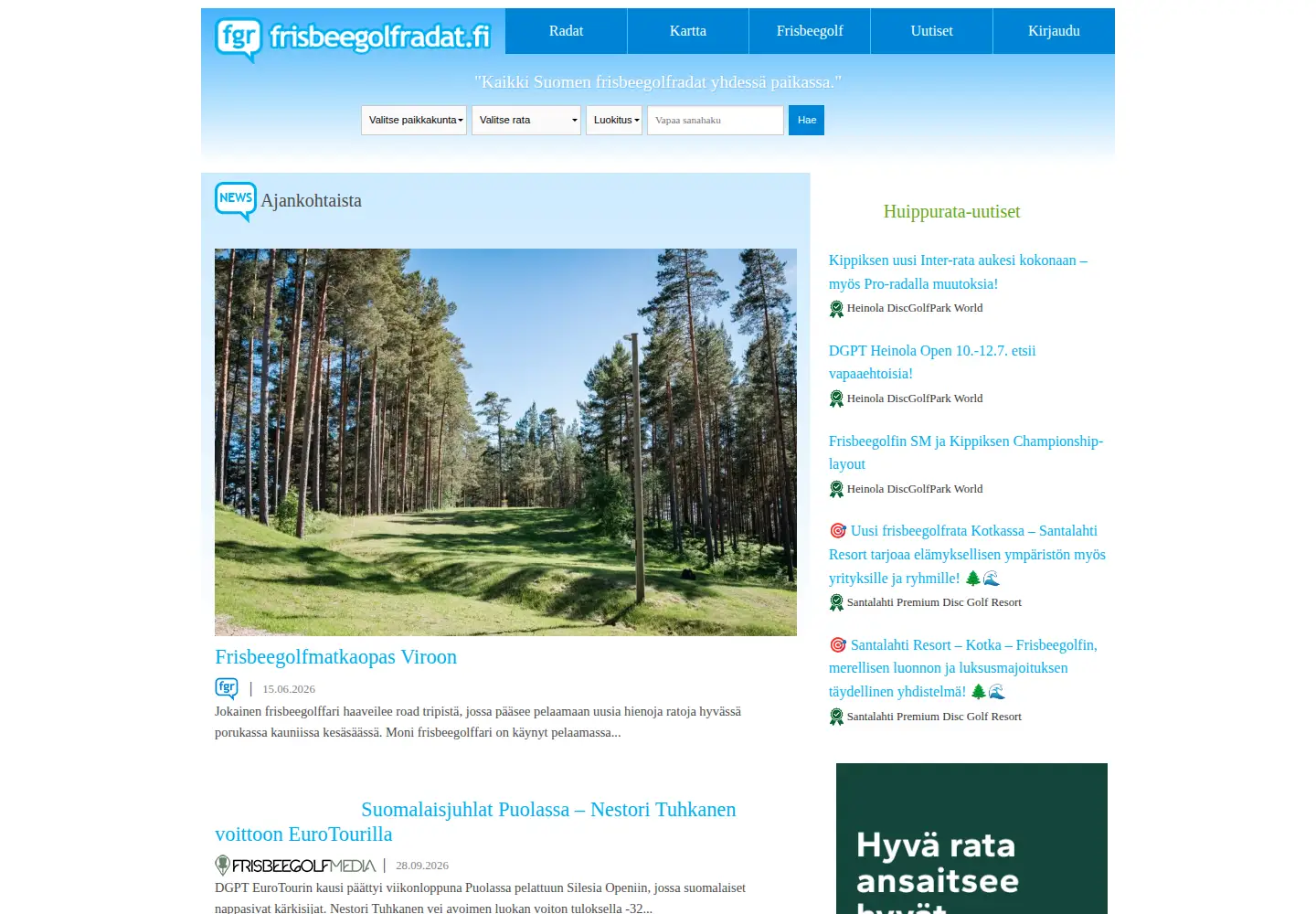 Captured homepage of frisbeegolfradat.fi in the current scan