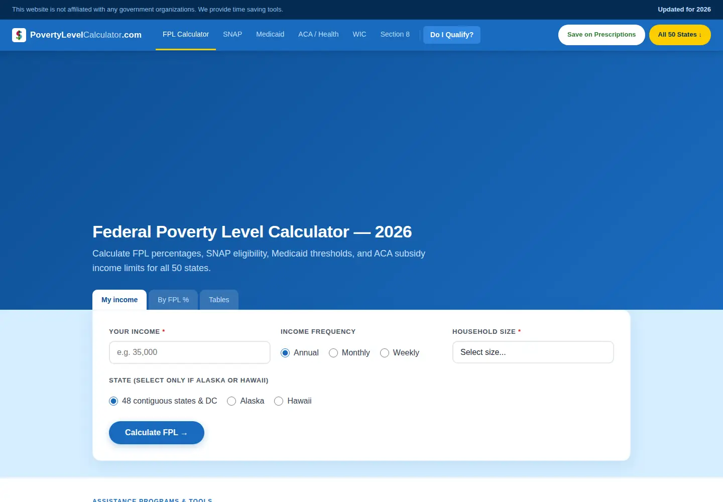 Screenshot of povertylevelcalculator.com