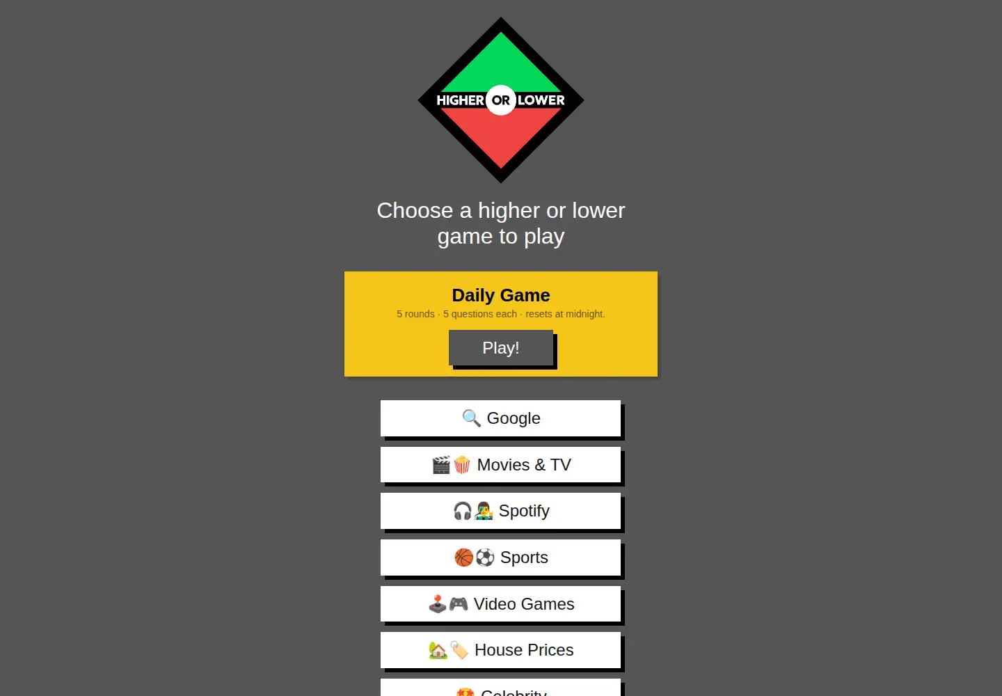 Screenshot of higherorlowergame.com
