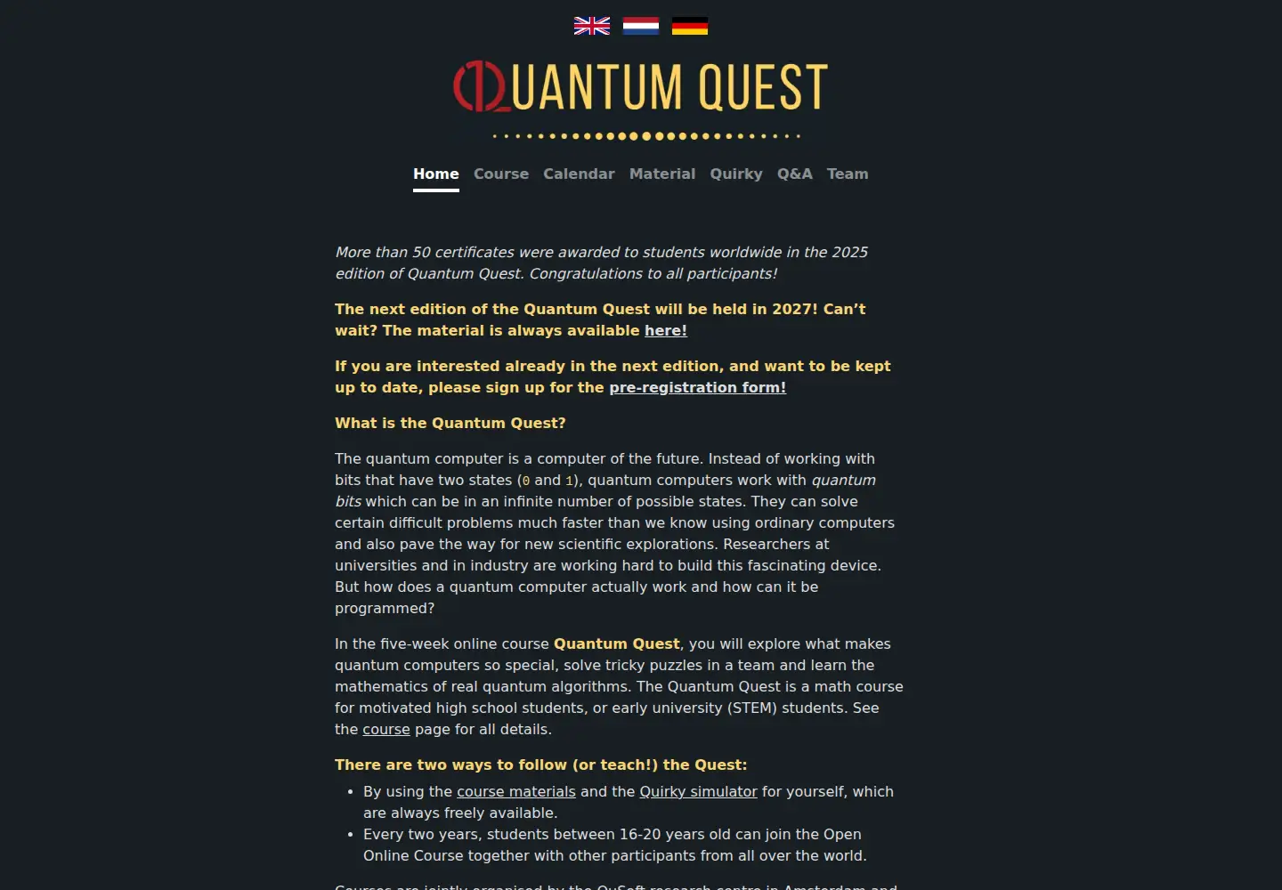 Captured homepage of quantum-quest.org in the current scan