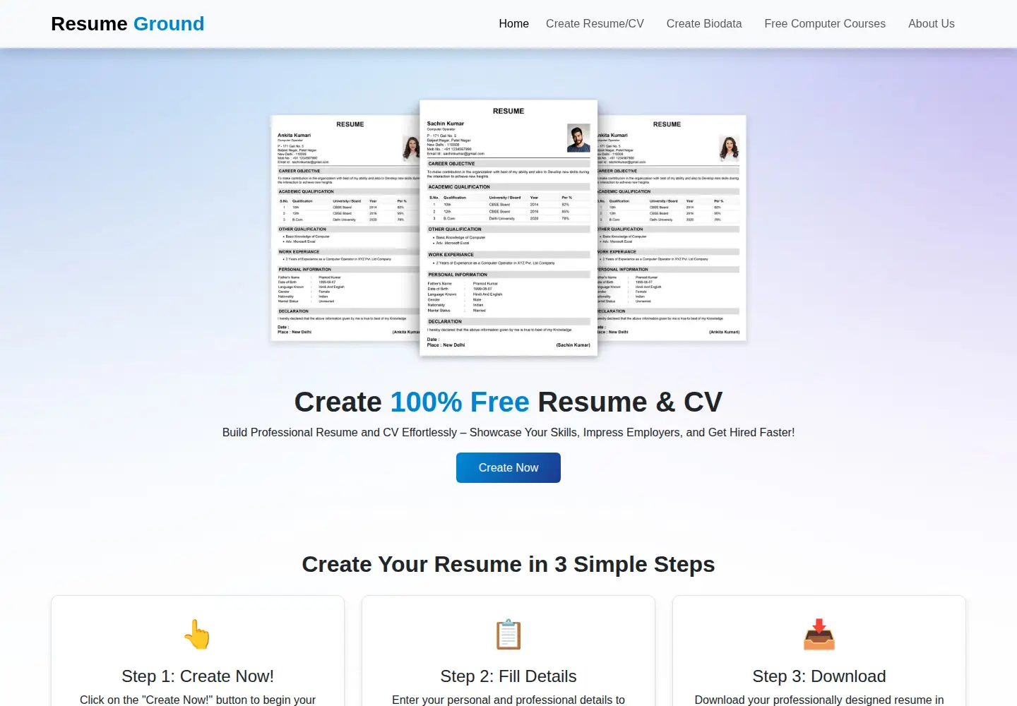 Captured homepage of resumeground.com in the current scan