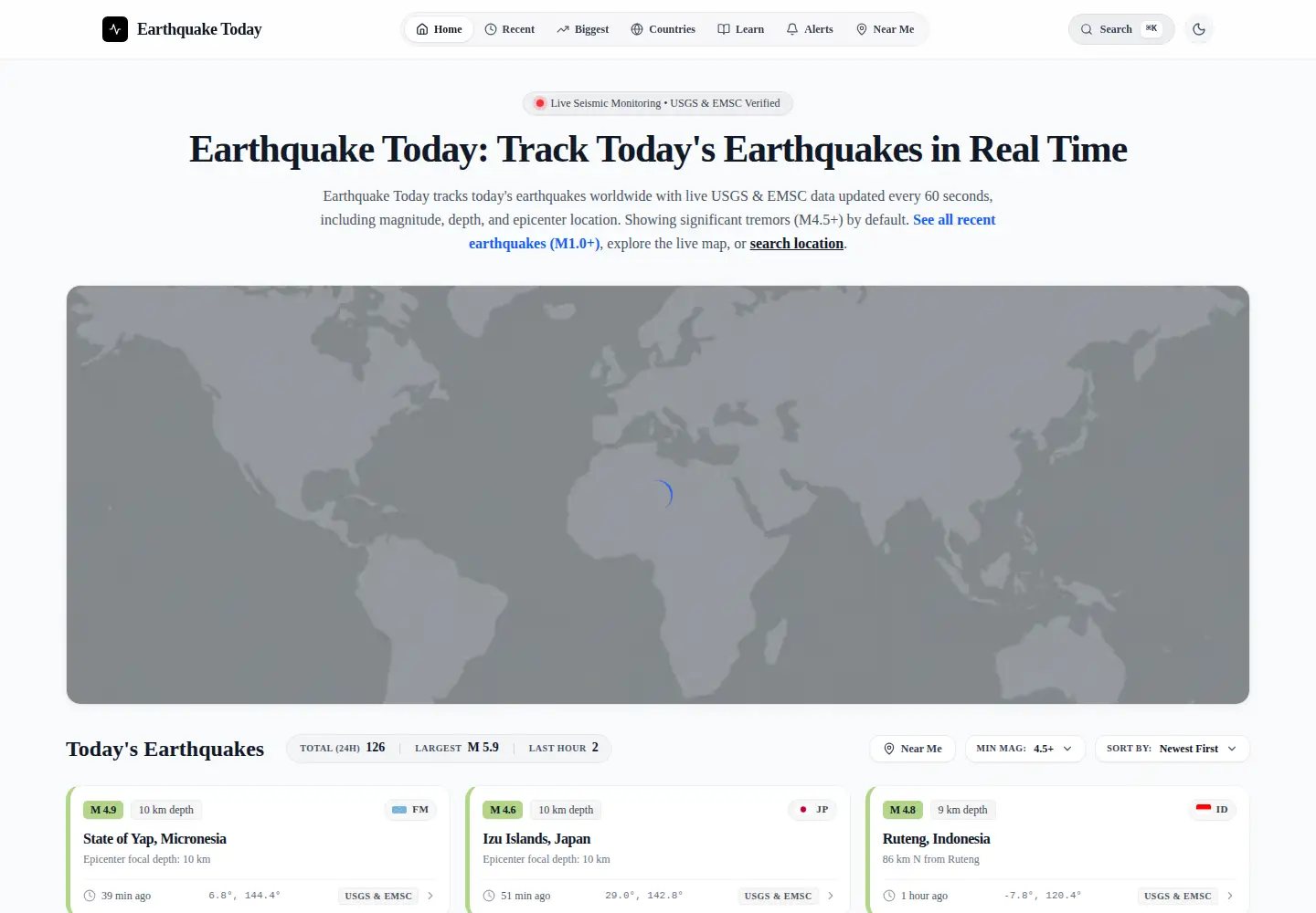 Screenshot of earthquaketoday.org