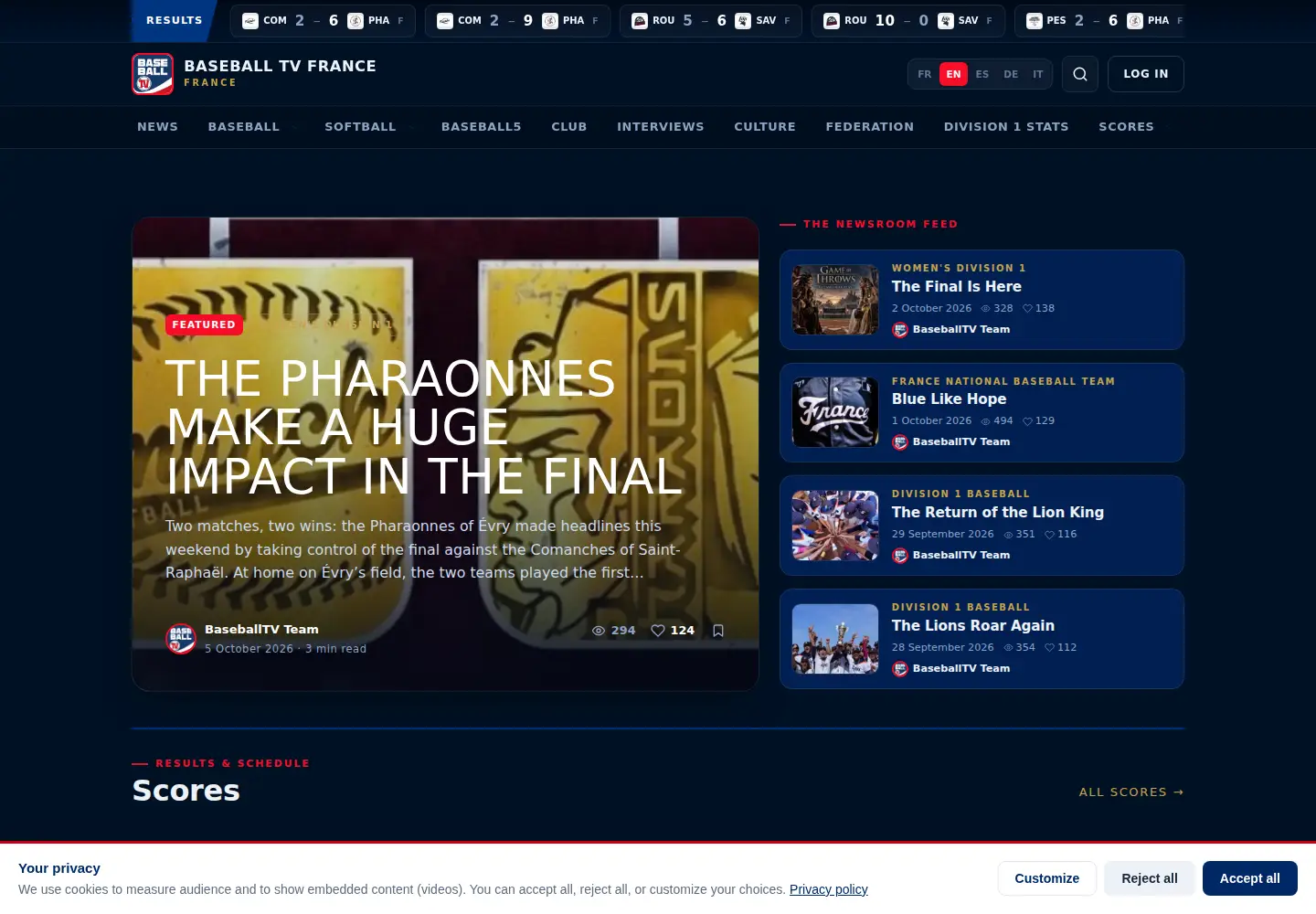Captured homepage of baseballtv.fr in the current scan