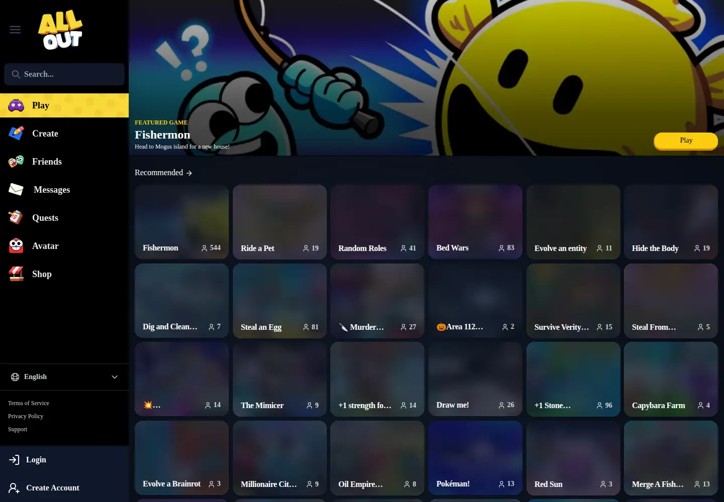 Captured homepage of allout.game in the current scan