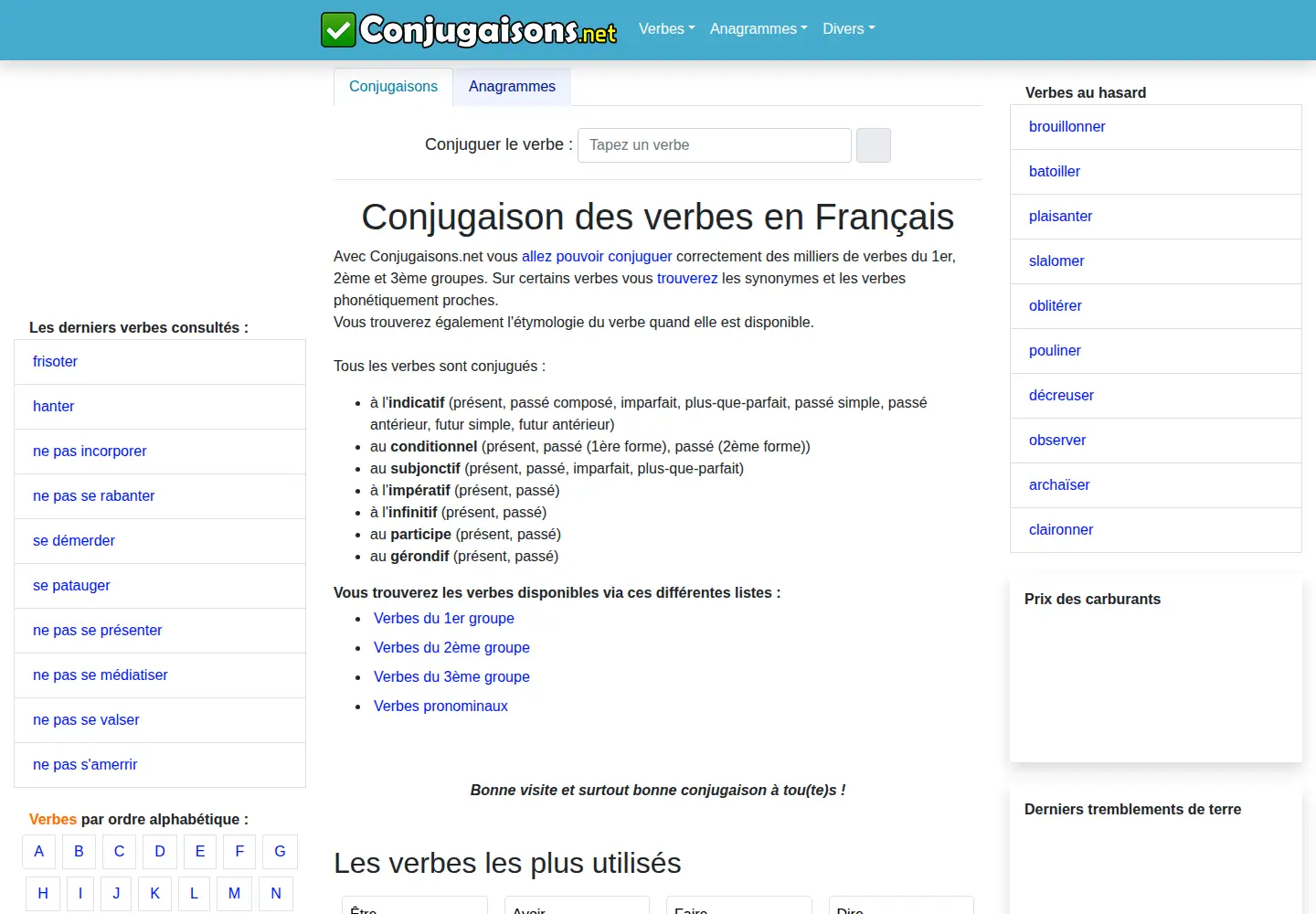 Captured homepage of conjugaisons.net in the current scan