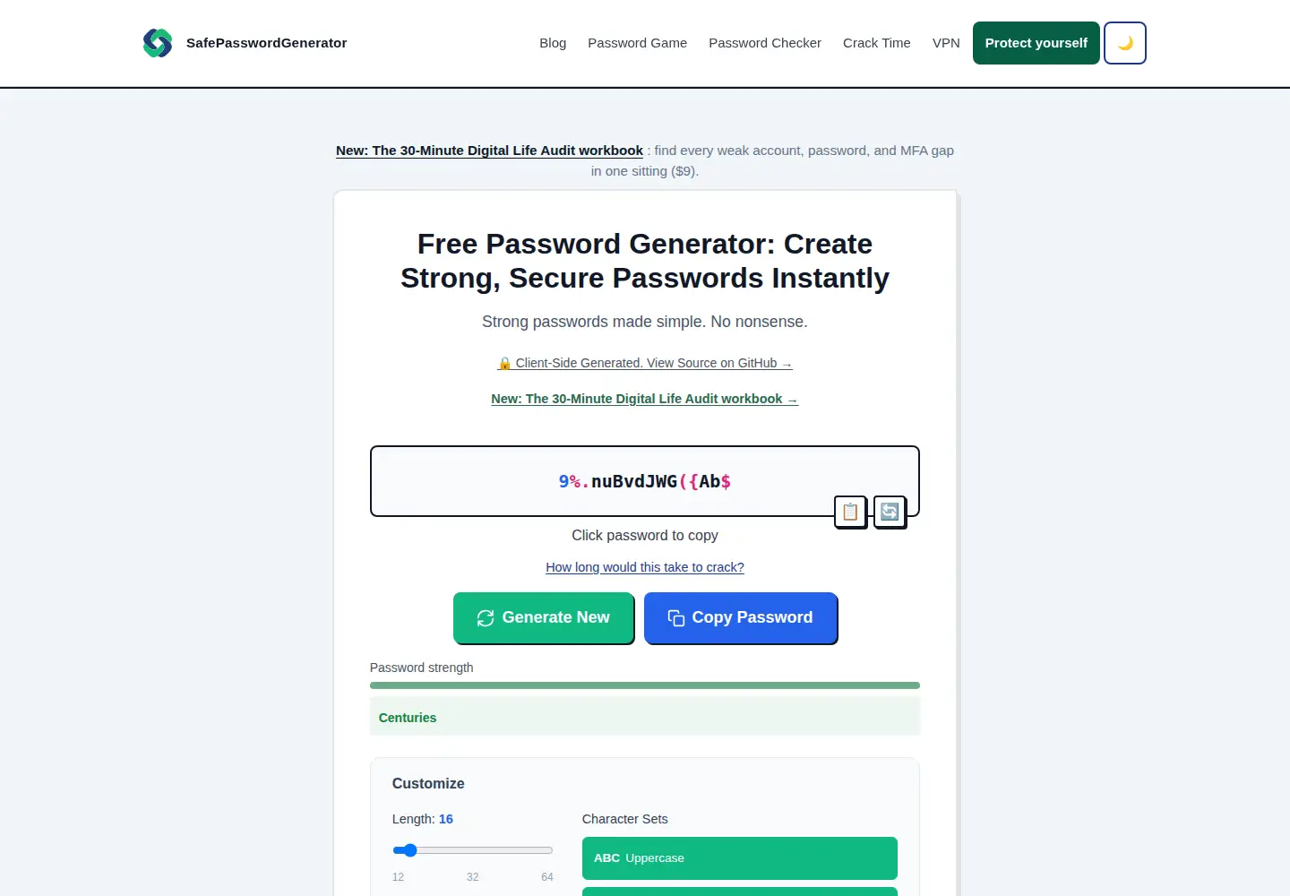 Captured homepage of safepasswordgenerator.net in the current scan