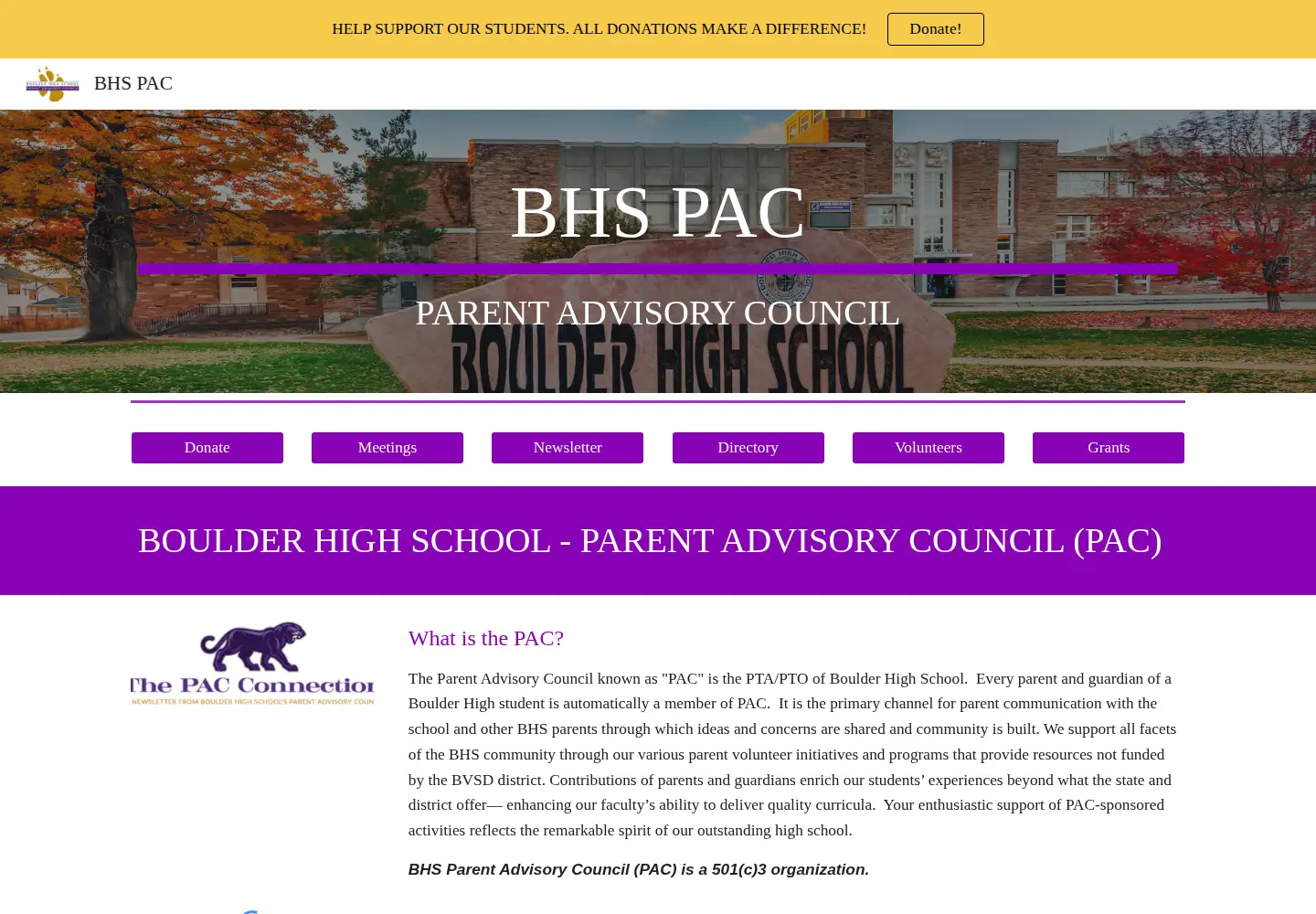 Captured homepage of bhspac.org in the current scan