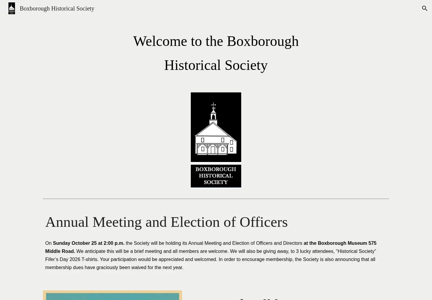 Captured homepage of boxboroughhistoricalsociety.org in the current scan