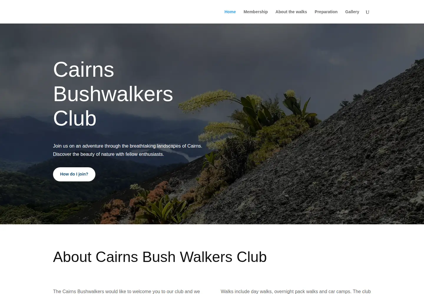 Captured homepage of cairnsbushwalkers.org in the current scan