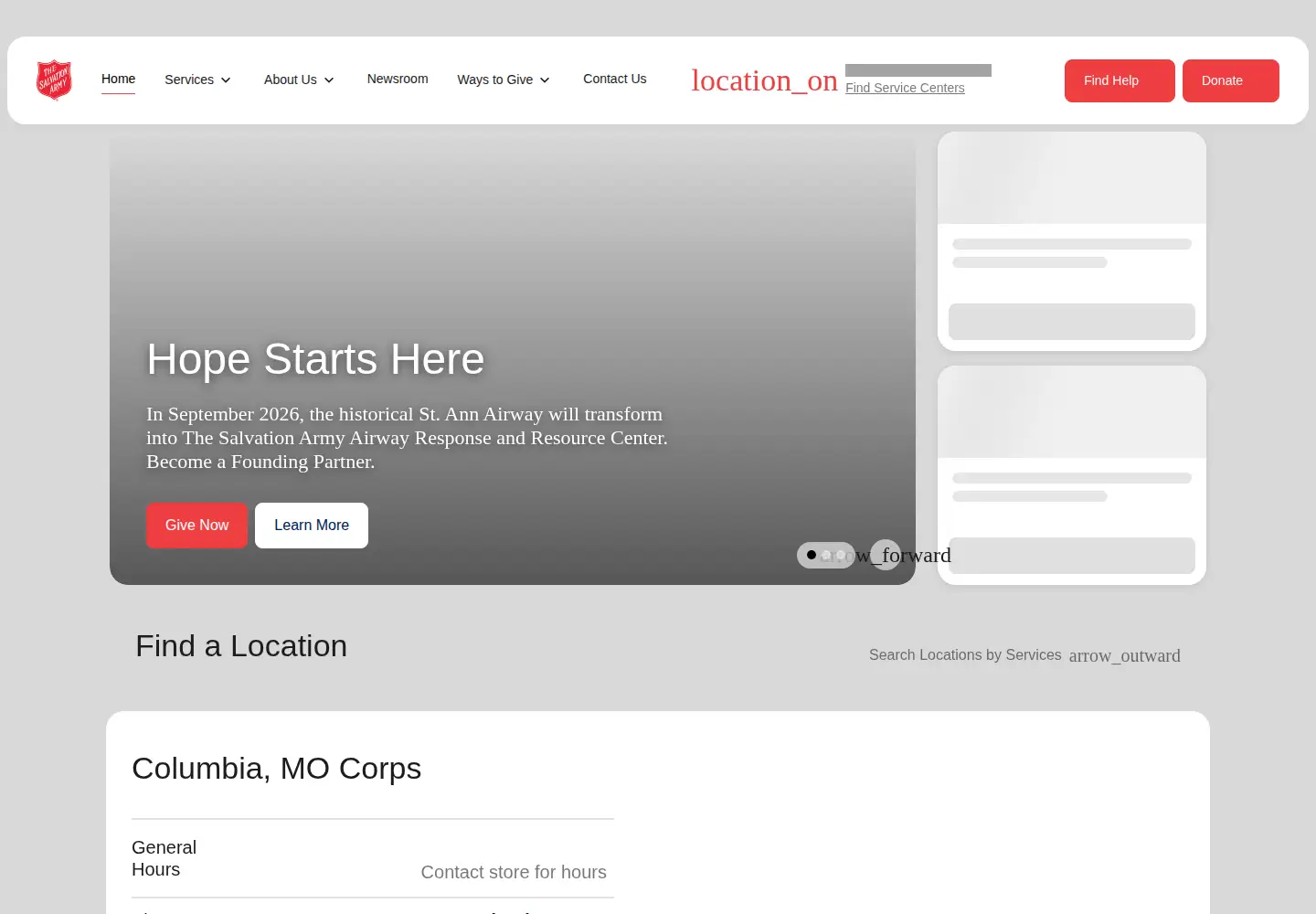 Captured homepage of salvationarmycomo.org in the current scan